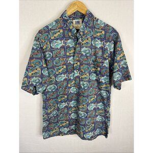 Kahala Hawaiian Shirt Mens M‎ Blue Fish Print Button Front Aloha Cotton